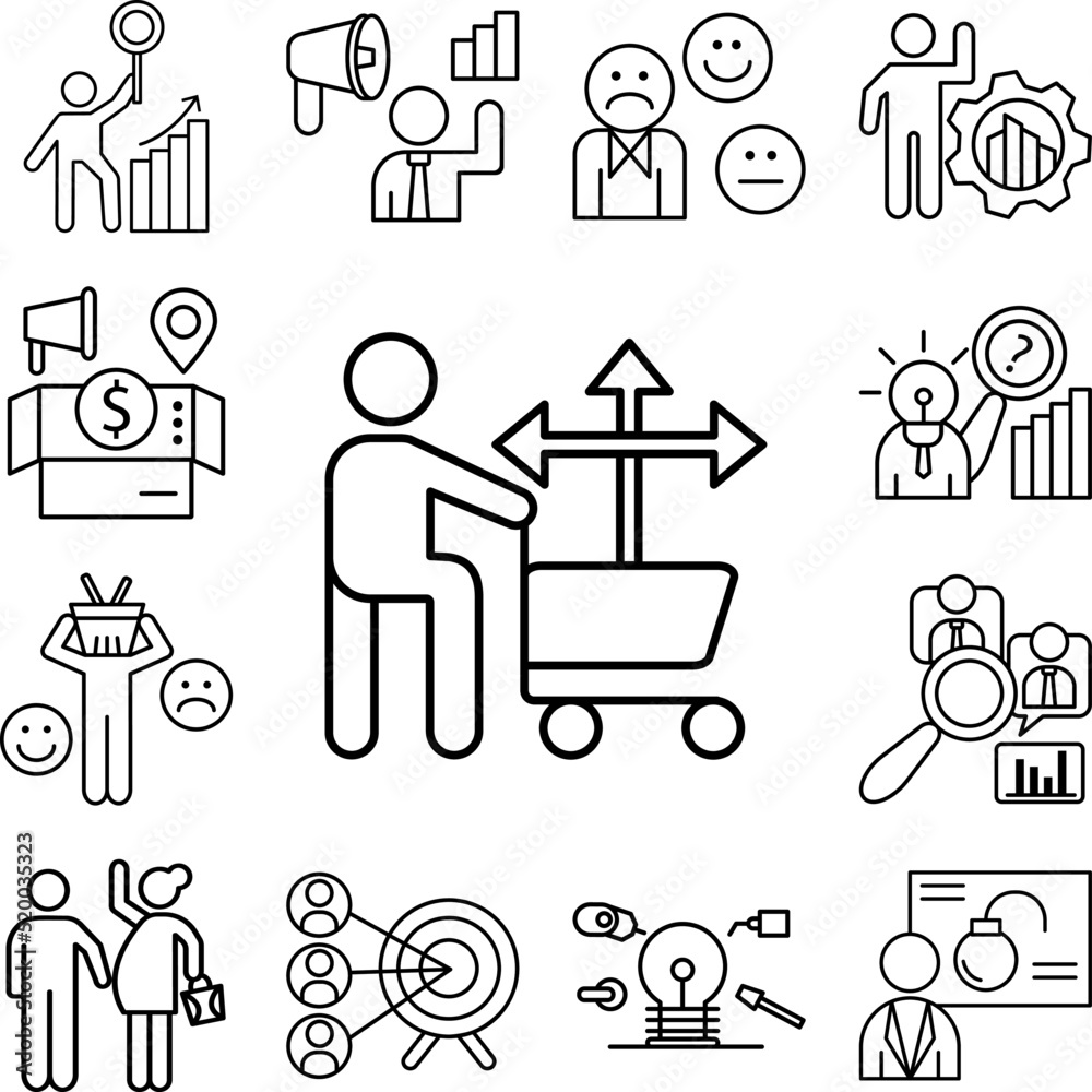 Man basket buying decision icon in a collection with other items Man basket buying decision icon in a collection with other items