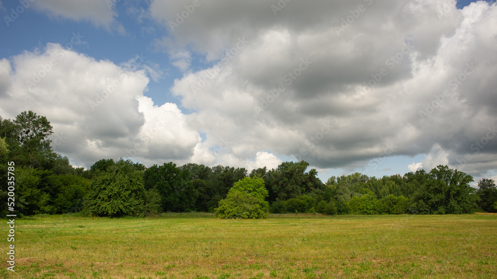 Rain clouds on the background of deciduous forest and meadow. Rain clouds on the background of deciduous forest and meadow.