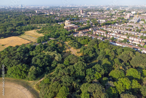 Aerial view overlooking the forest into the houses of Walthamstow into London