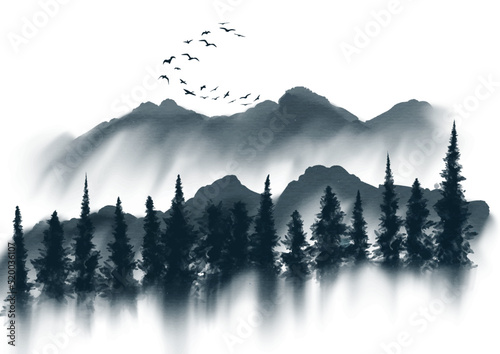 Hand painted Japanese themed watercolour ink landscape 2507