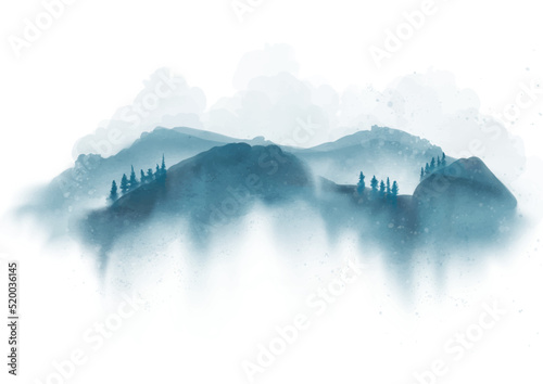Traditional Japanese themed hand painted watercolour landscape design