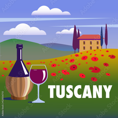 Tuscany square vector illustration with a landscape and a bottle and glass of red wine