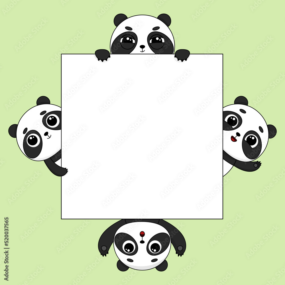 Fototapeta premium Cartoon pandas with blank sign. Place for text. Vector illustration