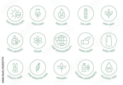 Vegan, organic cosmetic line icons. Natural food. Skincare pictogram. Product free allergen label. GMO free emblem. Biodegradable sticker. Healthy eating. Handmade ecology symbol. Vector illustration