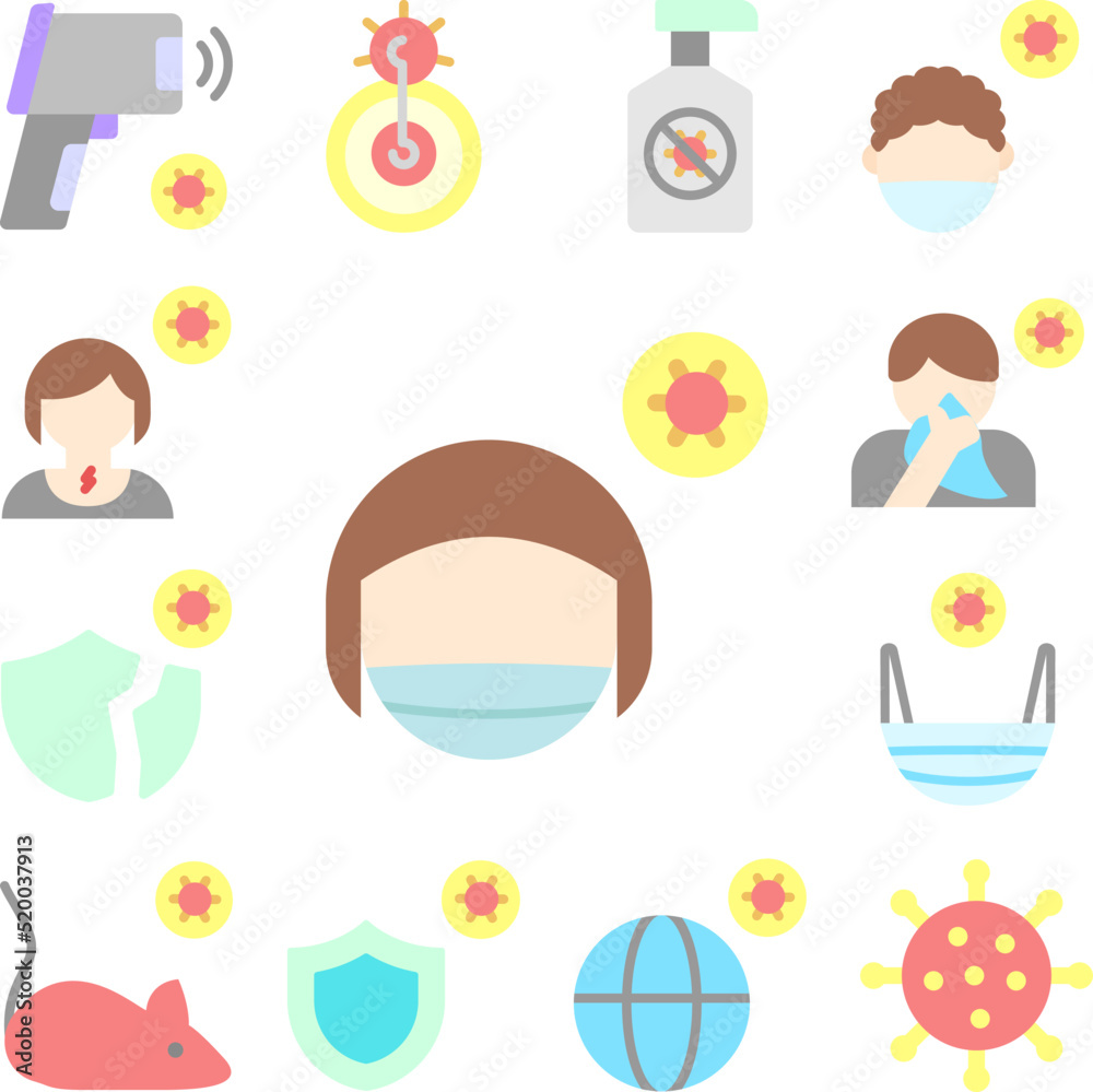 Medical mask, girl icon in a collection with other items