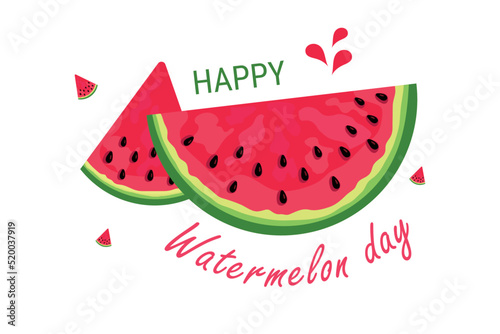 Watermelon Day. the third of August. Leaflet, poster, banner, postcard, brochure design template. Slices of watermelon. The texture of a watermelon with bones. The name of the event. Vector