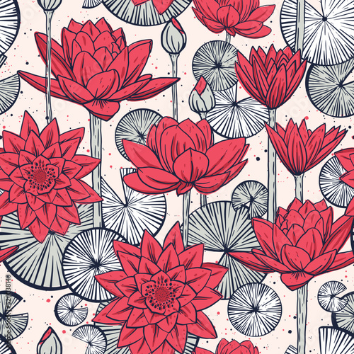 Vector seamless pattern with water lilies lotus flowers.