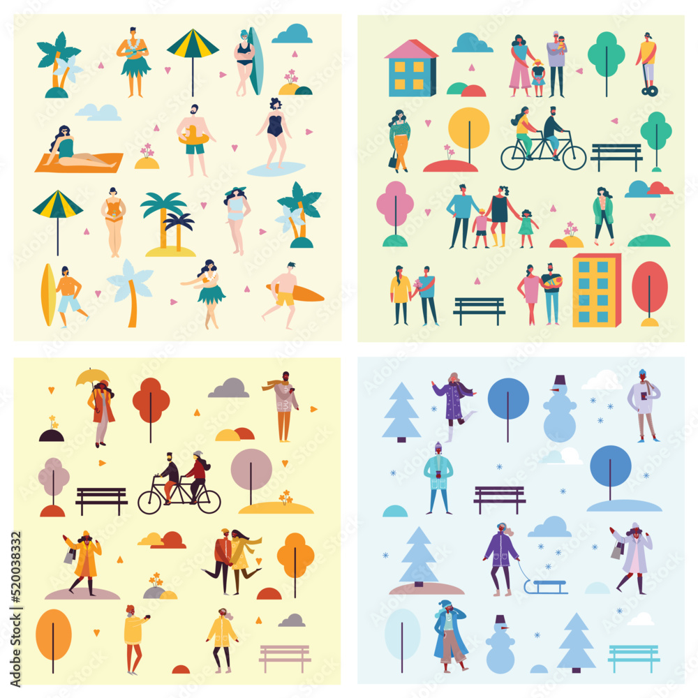 Vector backgrounds in flat design of group people characters doing different activities