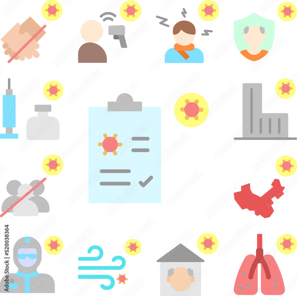 Medical report, coronavirus icon in a collection with other items