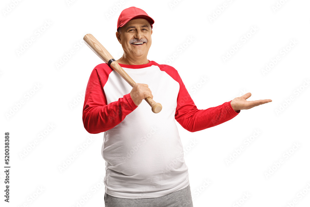 Mature man holding a baseball bat and gesturing with hand Mature man holding a baseball bat and gesturing with hand