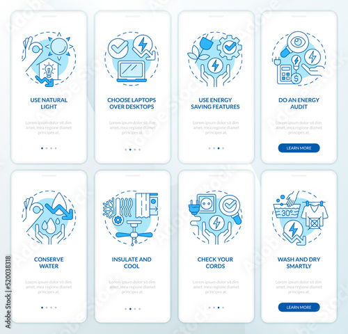 Energy efficiency blue onboarding mobile app screen set. Home tips walkthrough 4 steps editable graphic instructions with linear concepts. UI, UX, GUI template. Myriad Pro-Bold, Regular fonts used