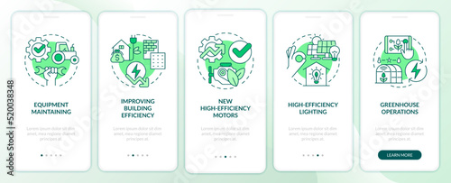 Farm energy efficiency green onboarding mobile app screen. Walkthrough 5 steps editable graphic instructions with linear concepts. UI, UX, GUI template. Myriad Pro-Bold, Regular fonts used