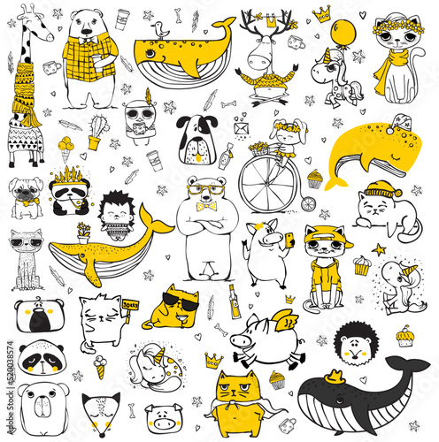 Vector set of cards with cute happy animal faces for kid's interiors, banners and posters illustrations