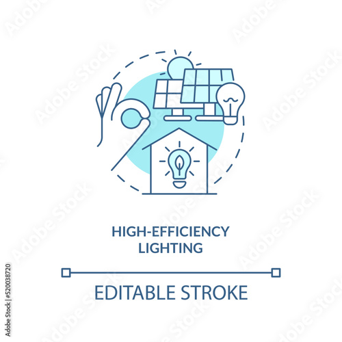 High efficiency lighting turquoise concept icon. Solar panels. Farm energy efficiency abstract idea thin line illustration. Isolated outline drawing. Editable stroke. Arial, Myriad Pro-Bold fonts used