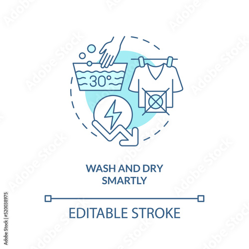 Wash and dry smartly turquoise concept icon. Energy efficiency at home abstract idea thin line illustration. Isolated outline drawing. Editable stroke. Arial, Myriad Pro-Bold fonts used