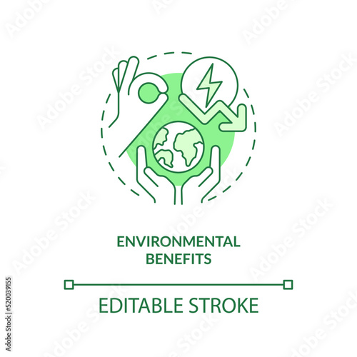 Environmental benefits green concept icon. Energy efficiency benefit abstract idea thin line illustration. Isolated outline drawing. Editable stroke. Arial, Myriad Pro-Bold fonts used