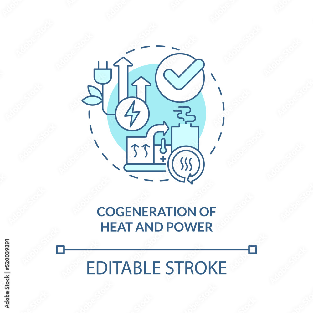 Cogeneration of heat and power turquoise concept icon. Energy efficiency abstract idea thin line illustration. Isolated outline drawing. Editable stroke. Arial, Myriad Pro-Bold fonts used