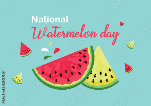 Watermelon Day. the third of August. Leaflet, poster, banner, postcard, brochure design template. Slices of watermelon. The texture of a watermelon with bones. The name of the event. Vector