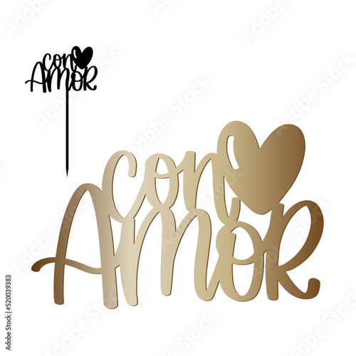 Con amor, With love Spanish or Portuguese language bouquet decor or cake topper cut file. Romantic date, Valentine's day decoration vector design with heart and stick.