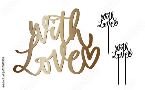 With love bouquet decor or cake topper cut file. Romantic decoration vector design with heart and stick for Valentines day, date or Birthday.
