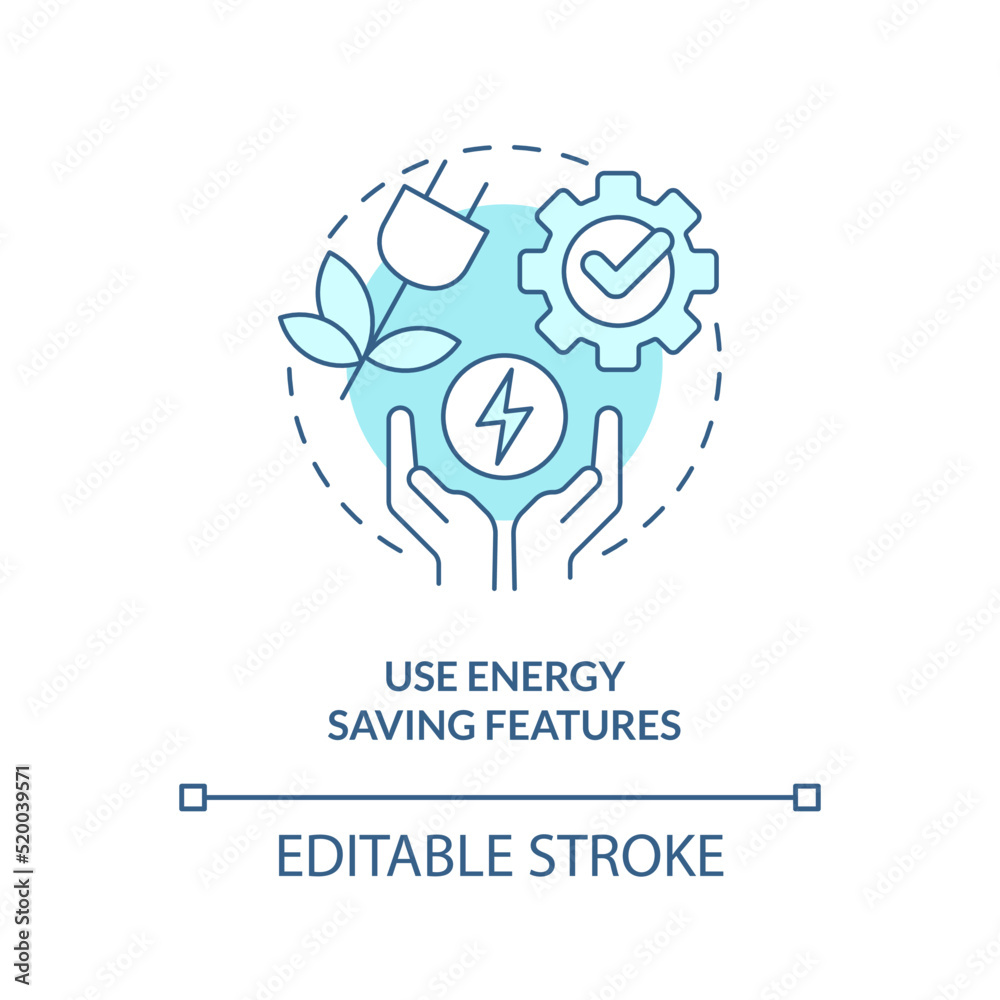 Use energy saving features turquoise concept icon. Energy efficiency at work abstract idea thin line illustration. Isolated outline drawing. Editable stroke. Arial, Myriad Pro-Bold fonts used Use energy saving features turquoise concept icon. Energy efficiency at work abstract idea thin line illustration. Isolated outline drawing. Editable stroke. Arial, Myriad Pro-Bold fonts used