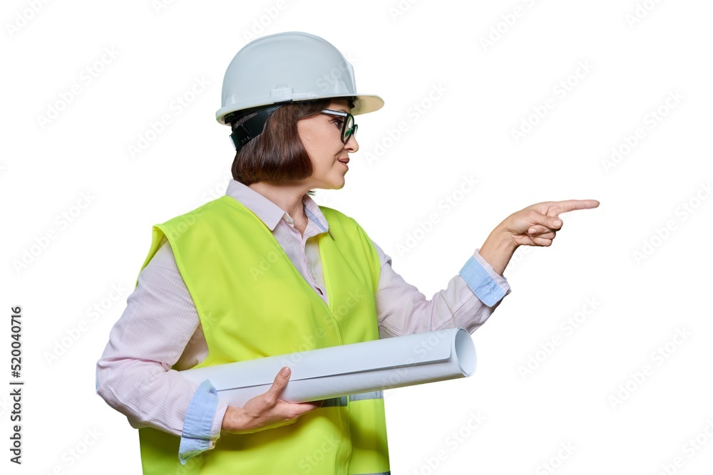 Woman in protective helmet points her finger at place for text Woman in protective helmet points her finger at place for text