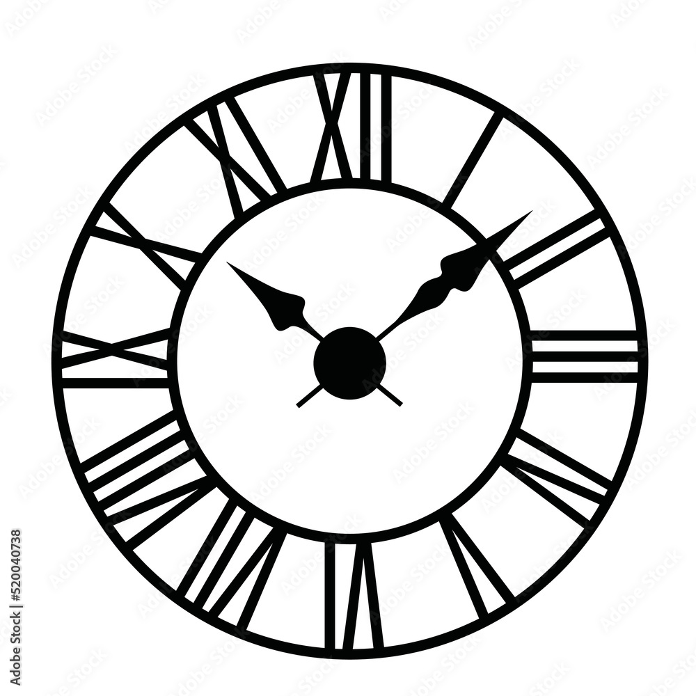Obraz premium Black and white illustration of a wall clock face with Roman numerals, vector