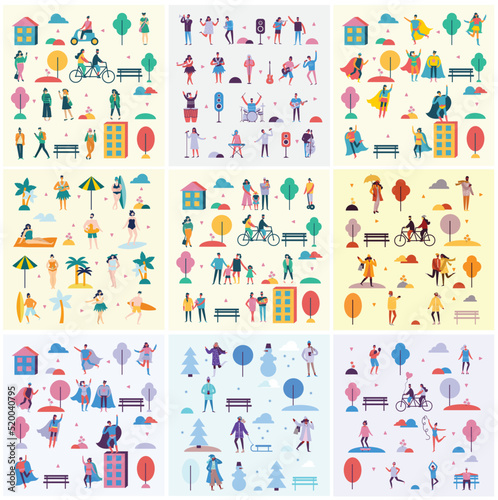Vector illustration backgrounds in flat design of season people outdoor - summer, autumn, spring and winter