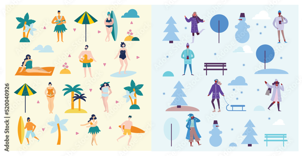 Vector illustration backgrounds in flat design of season people outdoor - summer, autumn, spring and winter