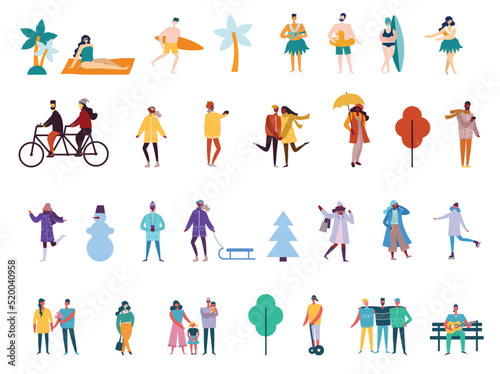Vector illustration backgrounds in flat design of season people outdoor - summer, autumn, spring and winter