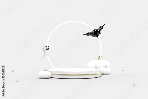 Modern product display podium in Halloween festival decorated with pumpkins, bat, and ghost in white studio room. 3D rendering.
