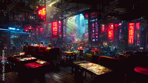 Conceptual Artwork of Cyberpunk Café or Bar or Restaurant in a near future setting with color scheme in red and blue moody environment in sci-fi setting and science fiction related environmental idea