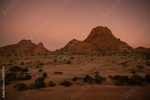 Camping near Spitzkoppe mountain in sunrise, Namibia, Africa
