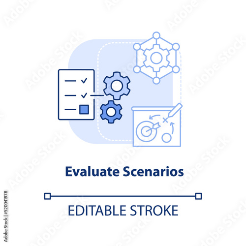 Evaluate scenarios light blue concept icon. Optimization. Supply chain priority abstract idea thin line illustration. Isolated outline drawing. Editable stroke. Arial, Myriad Pro-Bold fonts used