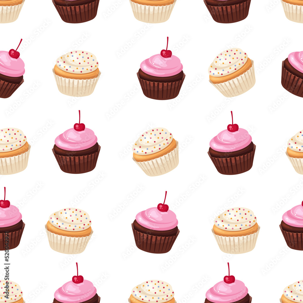 Seamless pattern of cupcakes with cherries and confetti. The background is chocolate and vanilla cake.