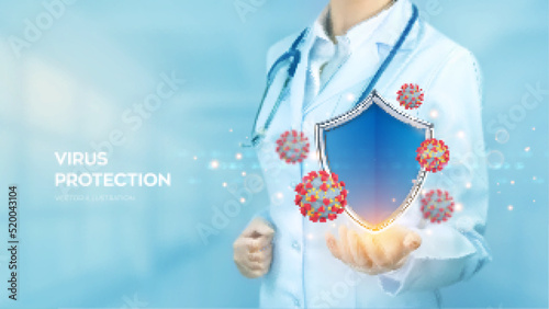 Virus protection. Doctor holding in hand security shield for virus protection and virus cells. Antibiotic, vaccination. Covid-19 safety concept. Microbiology and medicine. Vector illustration.