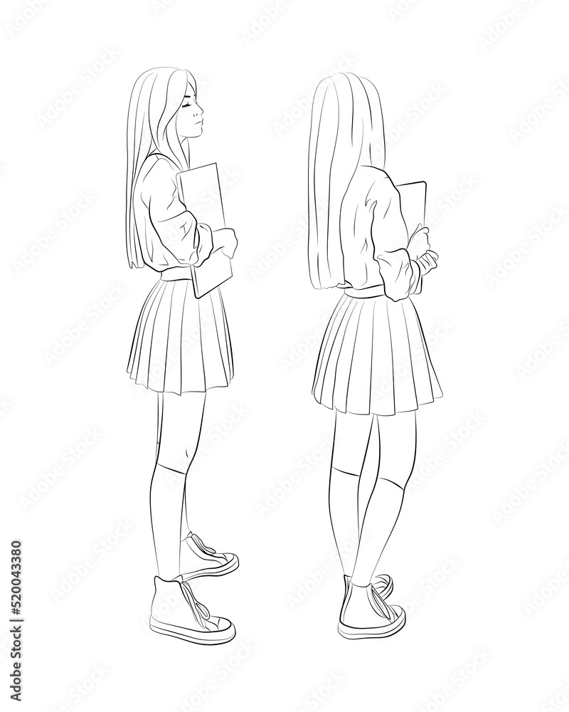 Vector illustration set of a teenage girl. Schoolgirl in student uniform with a textbook or laptop in her hands. Vector illustration set of a teenage girl. Schoolgirl in student uniform with a textbook or laptop in her hands.