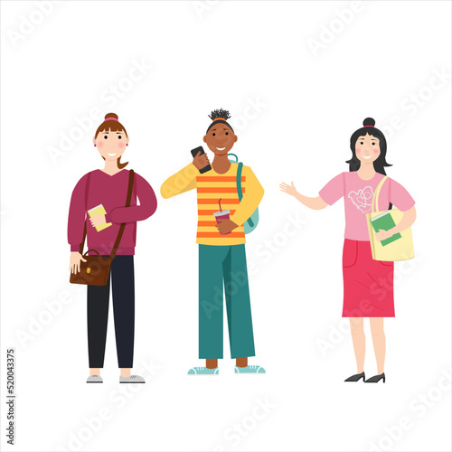 Three friends go to school. Young female students. Vector illustration. For flyers, covers and brochures, packaging and advertising.