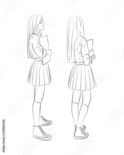 Vector illustration set of a teenage girl. Schoolgirl in student uniform with a textbook or laptop in her hands. 