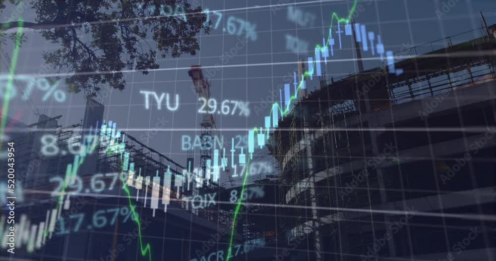 Animation of financial data and graphs over city buildings