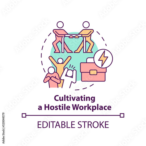 Cultivating hostile workplace concept icon. Unethical organizational behavior abstract idea thin line illustration. Isolated outline drawing. Editable stroke. Arial, Myriad Pro-Bold fonts used
