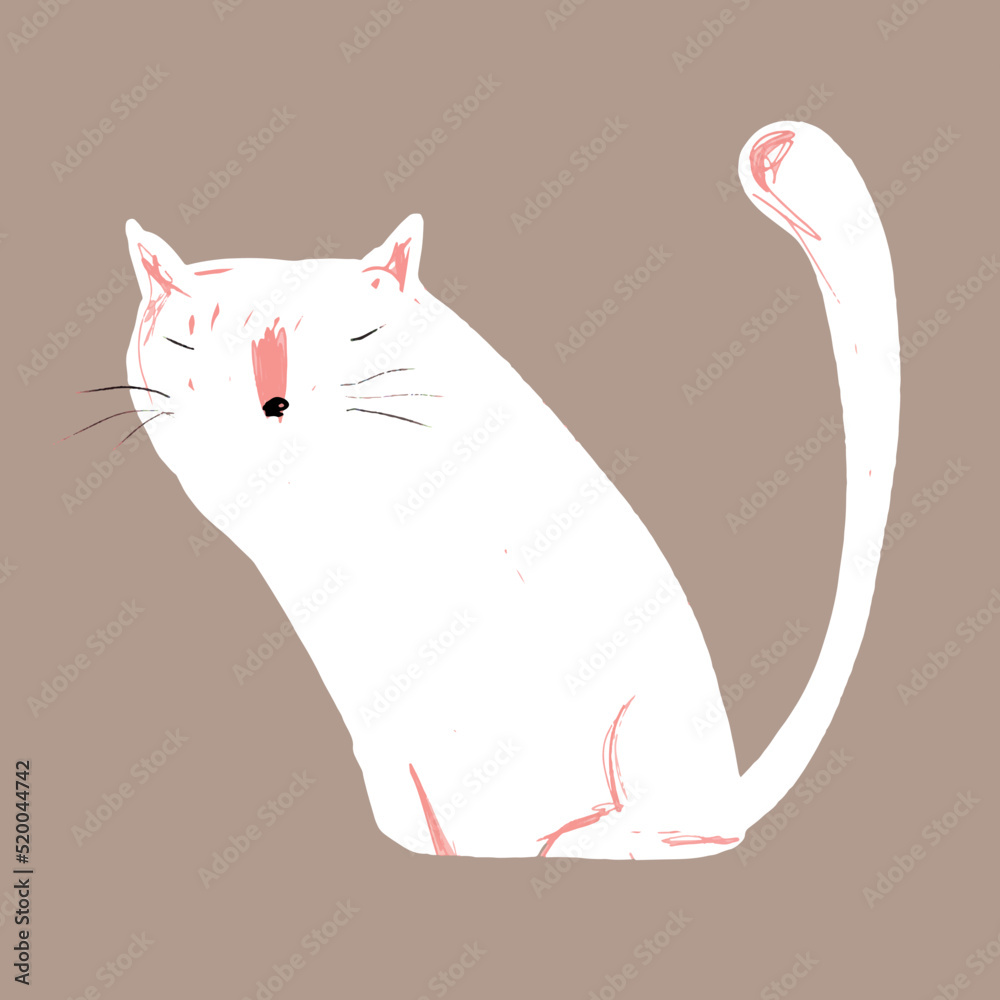 Naklejka premium Simple Abstract Vector Illustration with White Dreamy Hand Drawn Cat. Cute Print with Funny Kitty on a Dusty Brown Background ideal for Card, Wall Art, Poster. Cool Art for Cat Lovers.