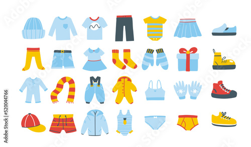 Baby clothes icons set. Hand drawn cartoon doodle illustration. Vector collection of isolated objects of various children s clothes and shoes on a white background.