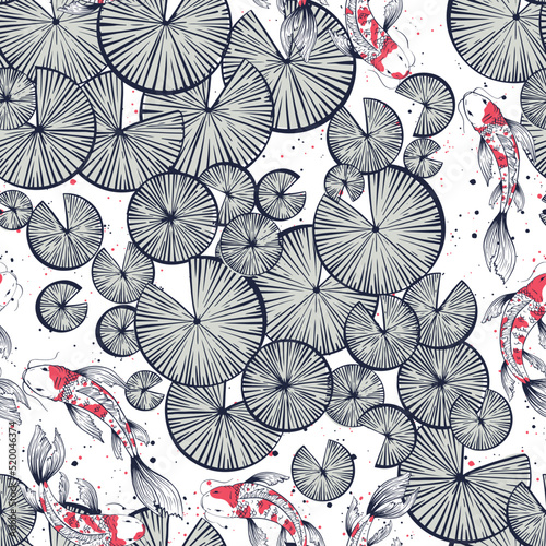 Vector seamless pattern with water lilies lotus leaves and Japanese carps, koi fishes.