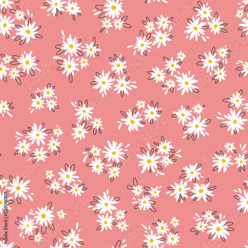 Chamomile floral mille fleur seamless pattern on pink background. Small summer flowers in simple scandinavian cartoon doodle style perfect for textile, wallpaper, fabric.