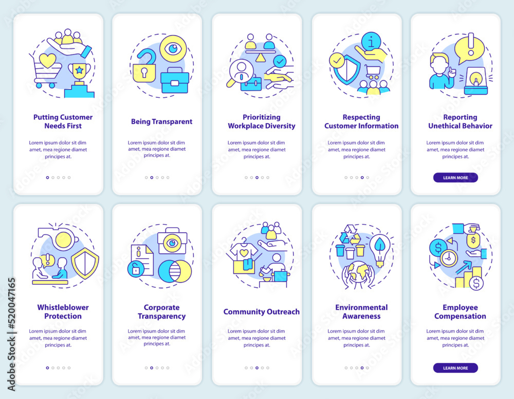Ethical standards in business onboarding mobile app screen set. Walkthrough 5 steps editable graphic instructions with linear concepts. UI, UX, GUI template. Myriad Pro-Bold, Regular fonts used