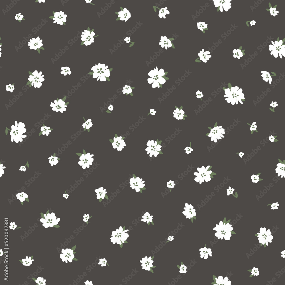 Calico millefleurs seamless pattern. Small white summer wildflowers in a simple hand drawn cartoon style on a black background. Ideal for textile, fabric, surface, wallpaper, scrapbooking,