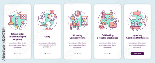 Unethical behavior onboarding mobile app screen. Misusing company time walkthrough 5 steps editable graphic instructions with linear concepts. UI, UX, GUI template. Myriad Pro-Bold, Regular fonts used