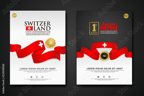 
Set poster design Switzerland happy Independence Day background template with elegant ribbon-shaped flag, gold circle ribbon. vector illustrations
