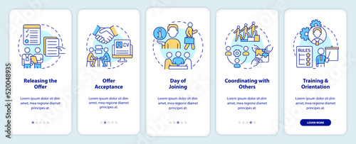 Team joining process onboarding mobile app screen. Employment walkthrough 5 steps editable graphic instructions with linear concepts. UI, UX, GUI template. Myriad Pro-Bold, Regular fonts used